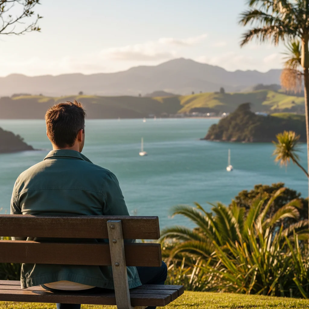 Man looking out over a New Zealand harbour - active lifestyle pelvic circulation support for men over 50